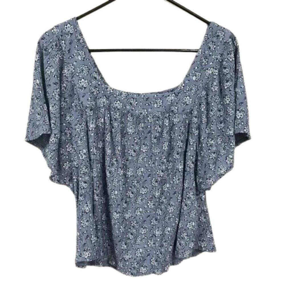Lucky Brand Blue Floral Flare Short Sleeve Blouse MEDIUM